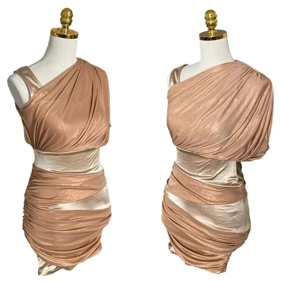 BEBE | Gold Metallic Colorblock Asymmetric Ruched Cocktail Mini Dress Size XS - Picture 3 of 9